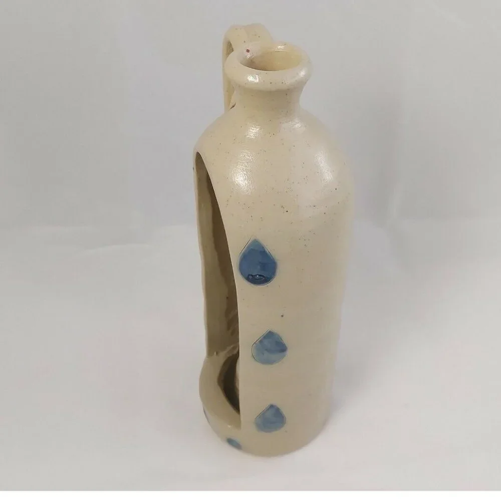 Vtg Pottery Salt Glaze Blue Candle Jug/Hurricane Lamp 8.5